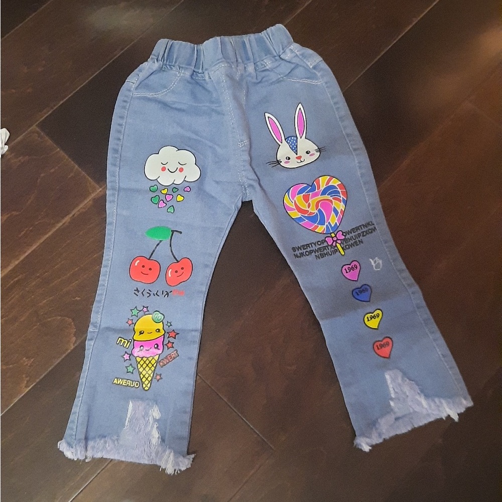Girls Cartoon Print Blue Jeans